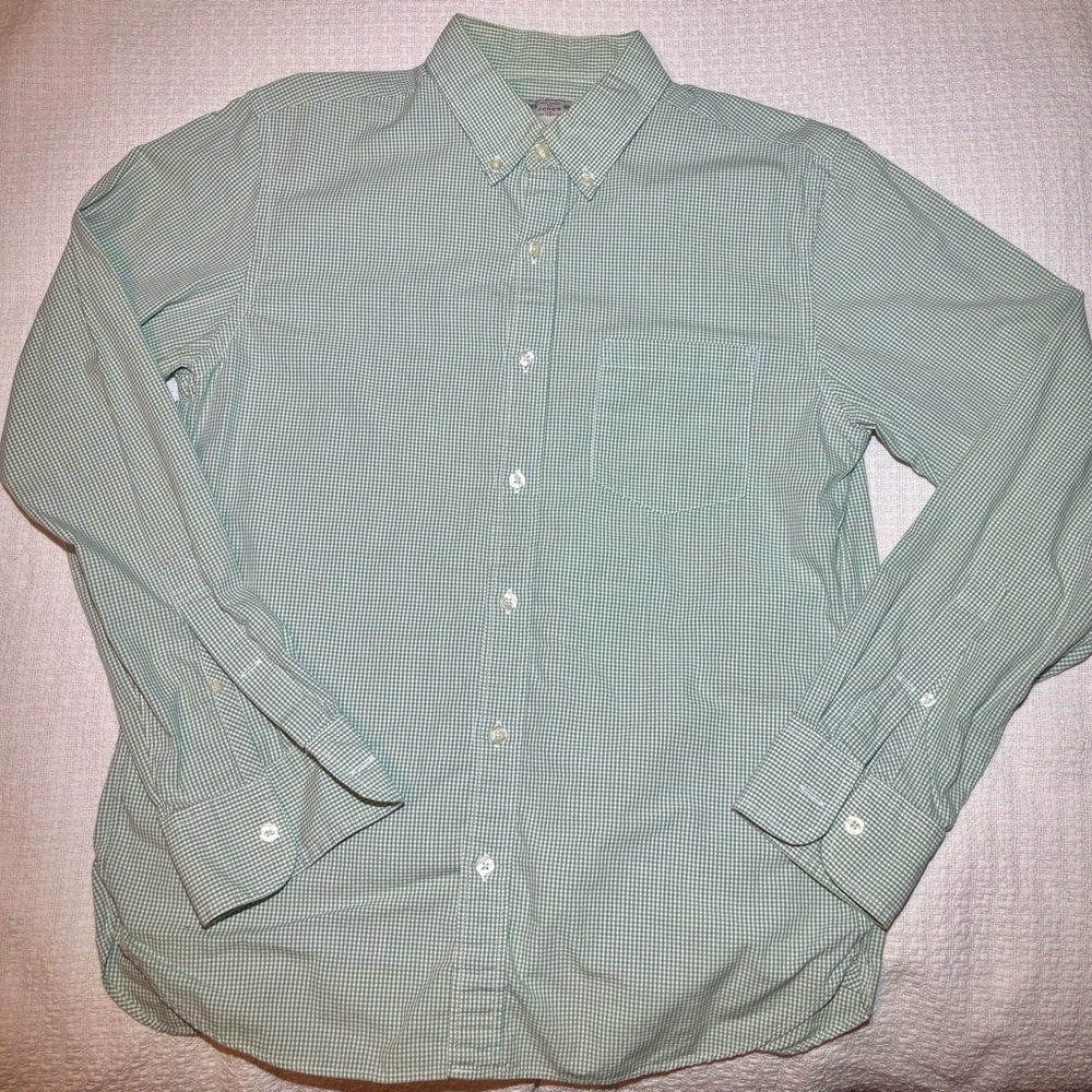Crew men’s button down green and white checks.